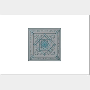 Teal Art Nouveau Pattern on a Light Gray Background Posters and Art